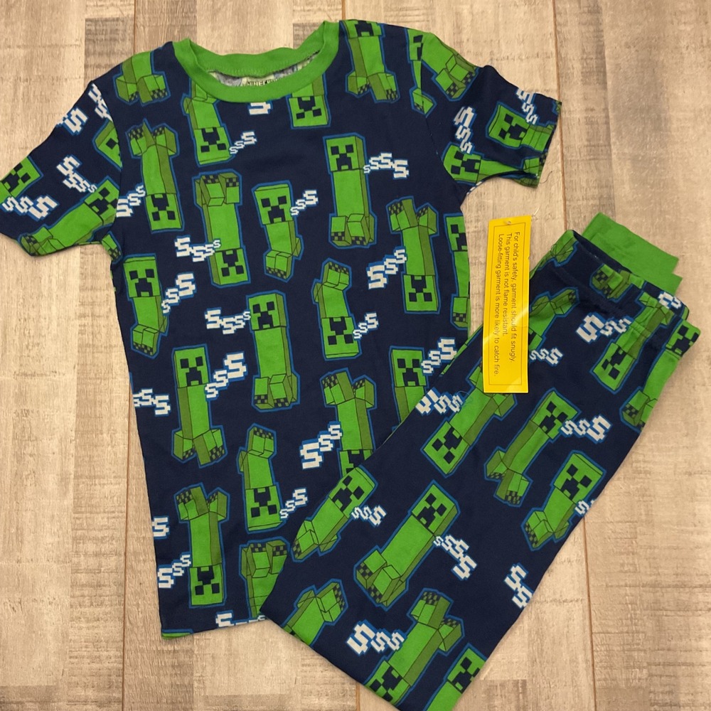 Minecraft Creeper Boys Pajama Set Size 12 Navy Blue Green Snug Fit 2pc